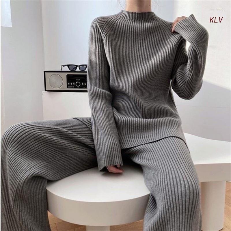 

Women's Two Piece Pants Women's Pieces Outfit Loose Sweatsuit Long Sleeves Sweater Wide Leg Autumn Winter And Loungewear, Black