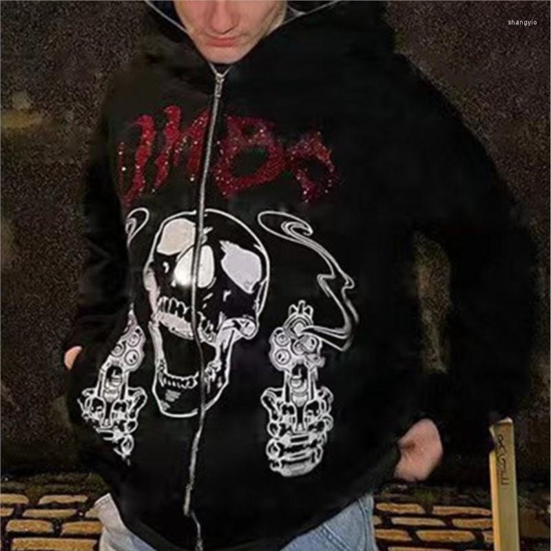 

Men's Hoodies Y2K Hoodie Rhinestone Skull Printed Zip Cardigan Jacket Retro Punk Grunge Clothes Gothic Sweatshirt Unisex Oversized 90s, Black