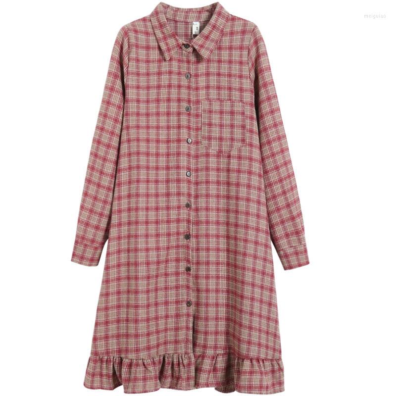 

Casual Dresses 2022 Women Plaid Dress Spring Vintage Print Long Flare Sleeve Elegant Korean A-Line Midi Cotton Linen WWJ120, Blue