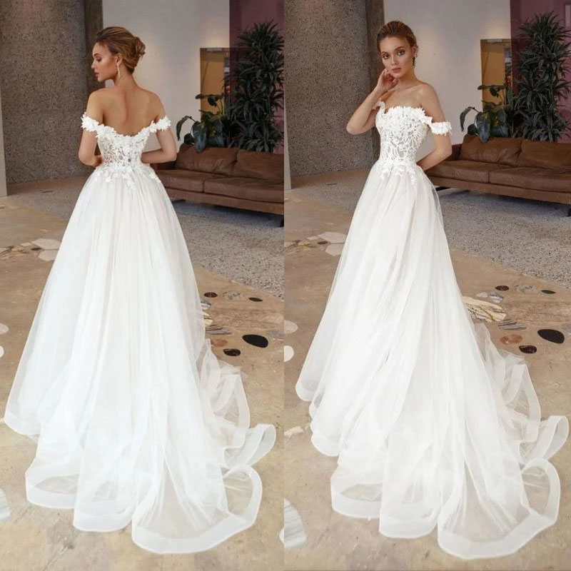 

Elegant A-Line Bridal Dresses Sexy Off Shoulder Flowers Lace Applique Sweetheart Tulle Wedding Gowns Sweep Train 2022, Customize