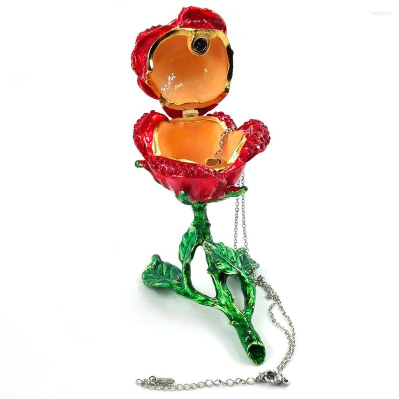 

Jewelry Pouches Creative Crystal Rose Flower Red Blue Ring Necklace With Gold Box Metal Gift For Girl Friends