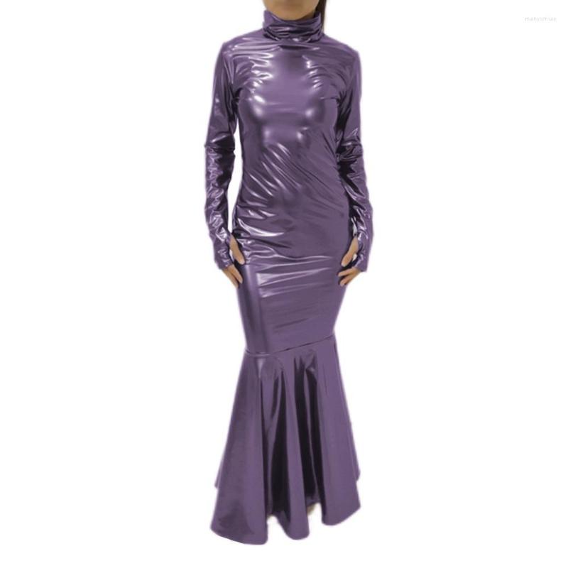 

Casual Dresses Elegant Mermaid PVC Dress Turtleneck Fishtail Faux Latex Ruffle Edge Gown Long Sleeves With Mittens Party Night Clubwear, Light pink