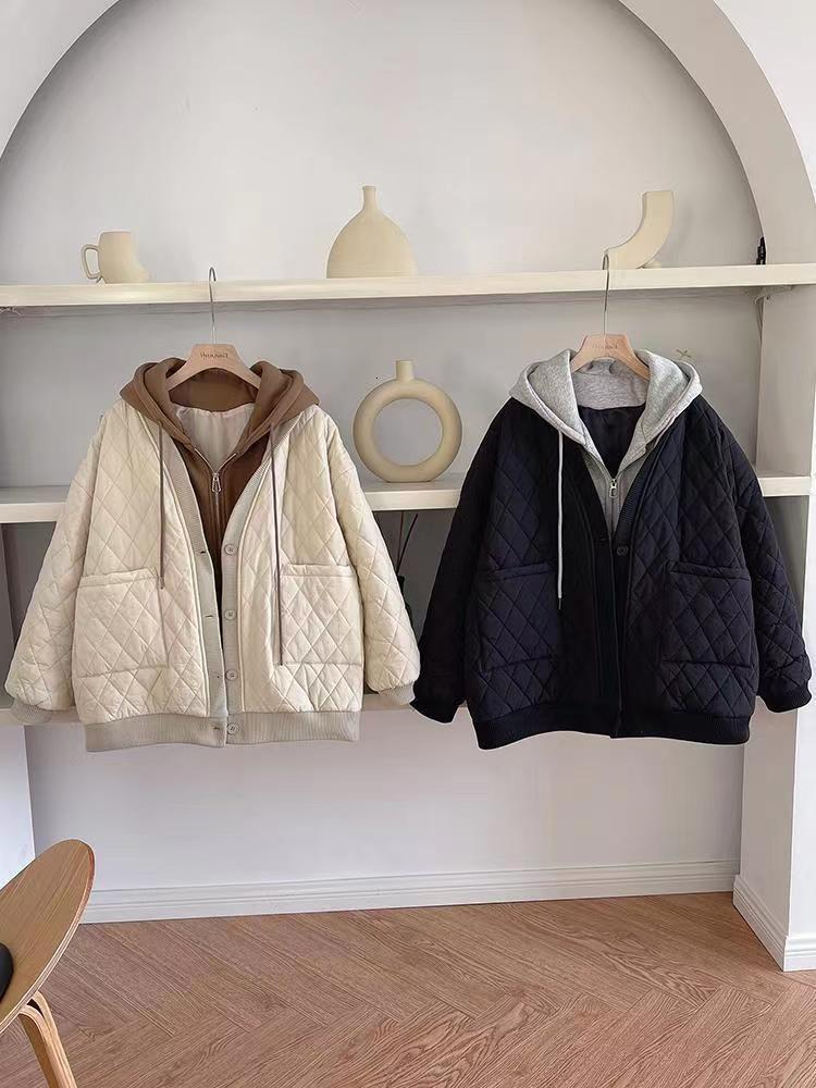 

Women' Down Parkas fall and winter ladies' casual down cotton jacket fake two piece top 221207, Beige