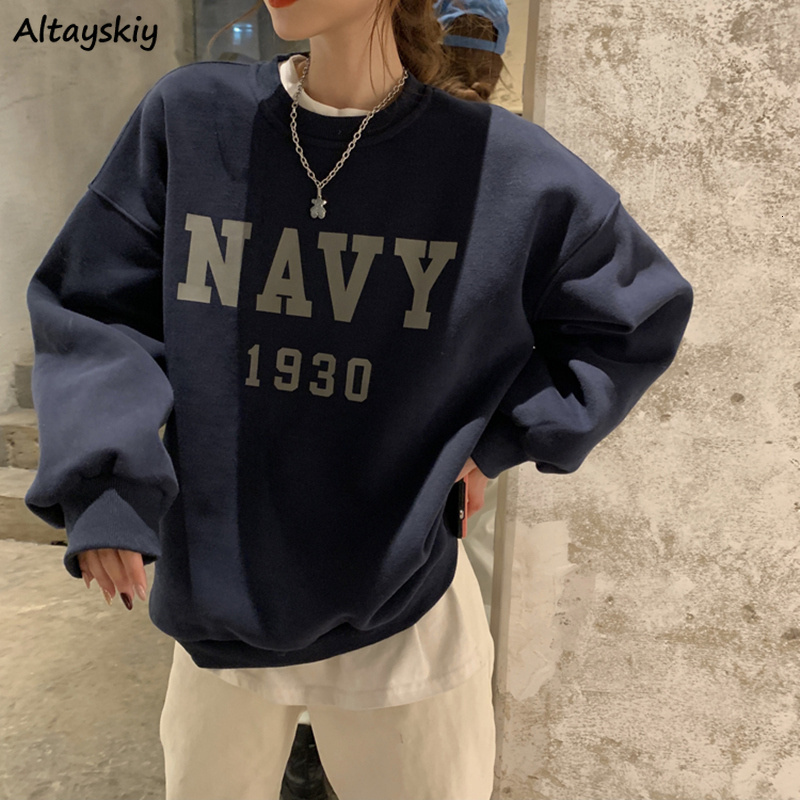 

Women's Hoodies Sweatshirts Women Printed Simple All-match Korean Style Round Neck Casual Winter Thicken Cozy Loose Tops Teens Harajuku 221207, Navy blue regular