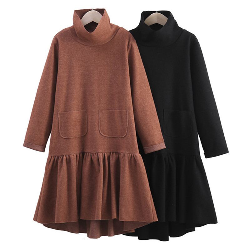 

Girls Dresses 4 to 16 years kids teenager girls winter turtleneck pocked flare dress children girl fashion casual asymmetrical dresses 221208, Caramel