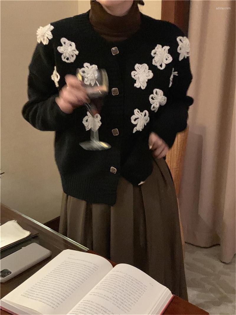 

Women's Knits Cardigans Women Black Flowers Full Sleeve Tops Warm Autumn 2022 Loose Vintage Slim Korean Knitted Coats Clothes Sweaters