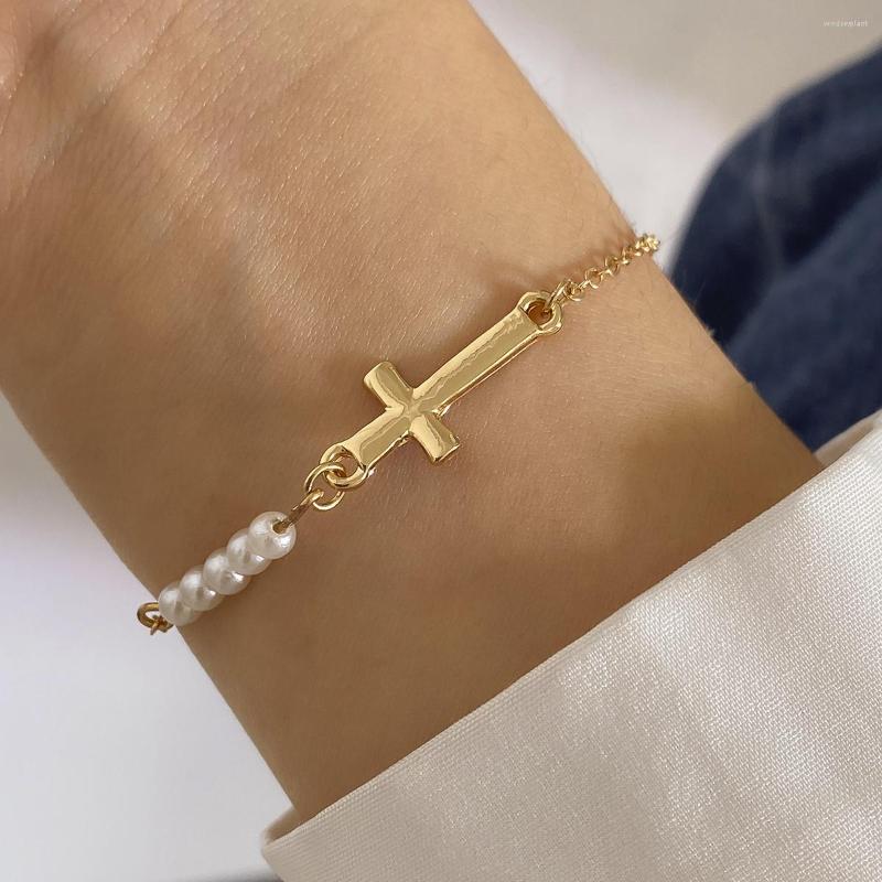 

Charm Bracelets PuRui Fashion Creative Metal Cross Splicing Chain Bracelet Korean Style Imitation Pearl Beaded Jewelry