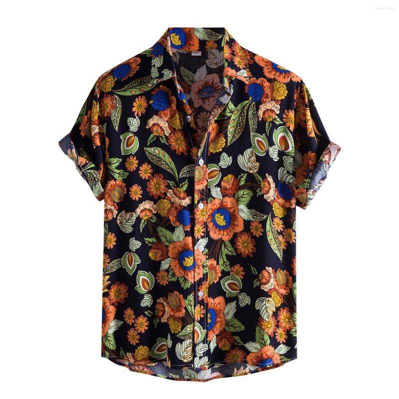

Men's Casual Shirts Men's Short Sleeve Cotton Linen Printing Hawaiian Shirt Blouse Couple Loose Fit Hawaii Vintage Print Camisas De, Black