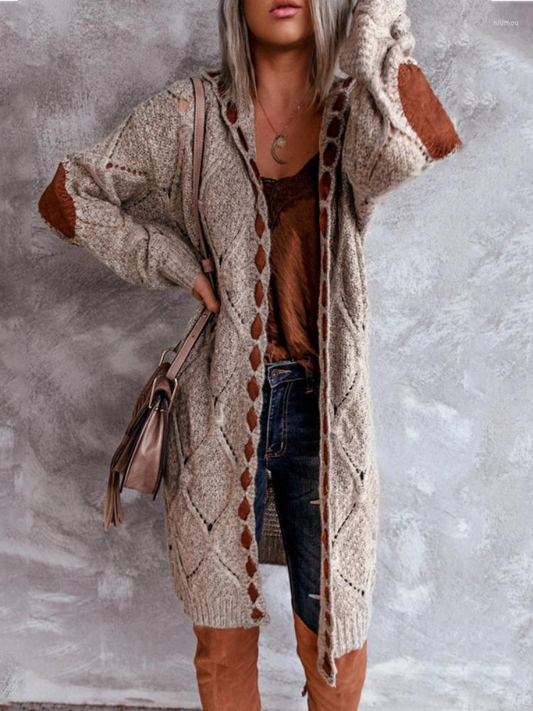 

Women' Knits Autumn Winter Stitching Coat Colorblock Knitted Long Hooded Sweater Cardigan Women Oversized Streetwear, Brown