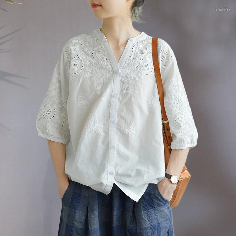 

Women's Blouses Unique Elegant Feminine V-Neck Embroidery Cotton Half Sleeve Shirt Blouse 2022 Summer FT860, Blue