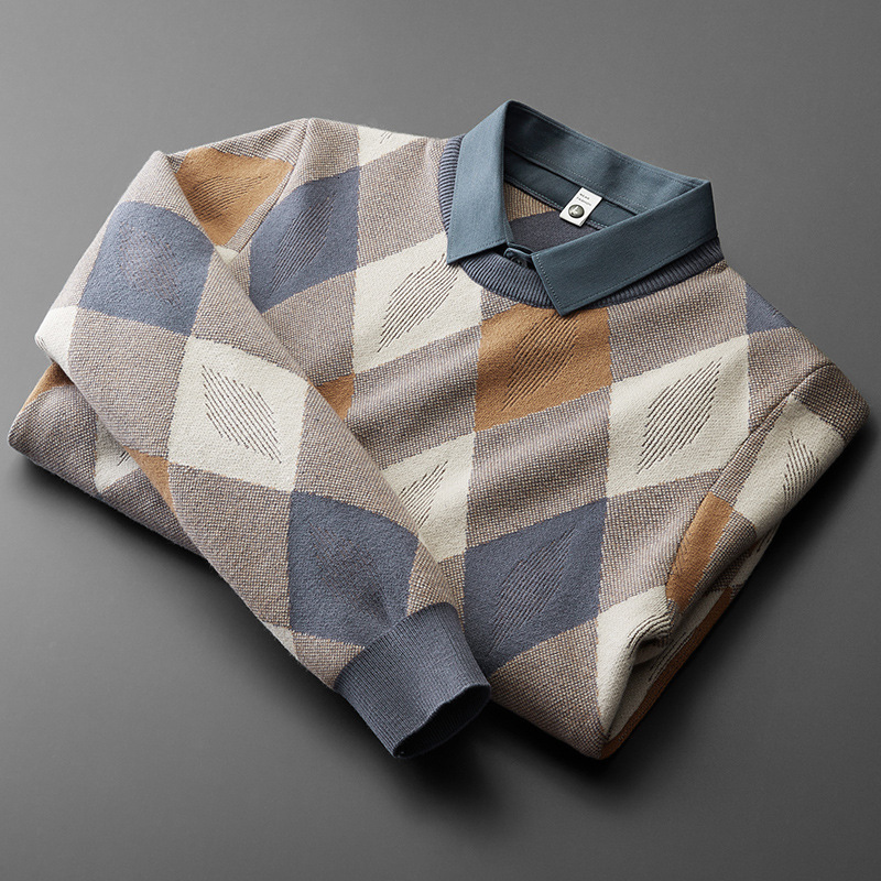 

Men's Sweaters Designer's color contrast diamond plaid fake two sweaters men's shirt collar winter trend Korean casual warm pullover 221207, Blue