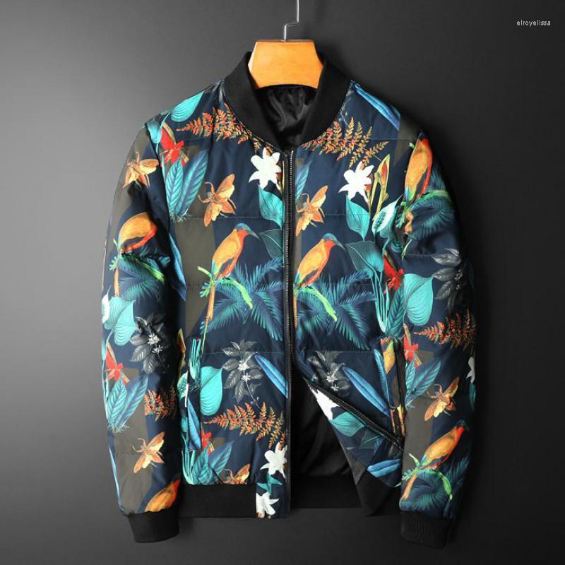 

Men's Down Minglu Winter Jackets Luxury Stand Collar Bird And Flower Printed Male Coats Slim Fit Casual Man 5XL, Color as picture