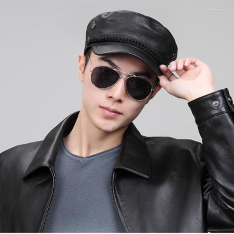 

Berets 2022 Winter Men/Women Genuine Leather Navy Hats Unisex European/American Streetwear Fitted Black Caps With Belt Outdoor Gorro