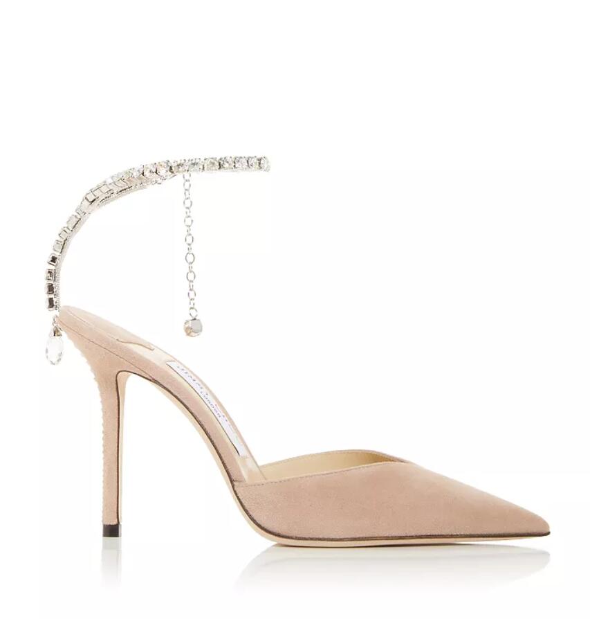 

Sexy sandals dress wedding pumps rhinestone ankle strap Women's Saeda 90MM Embellished Pointed Toe Pumps sling back luxury design shoes 35-43