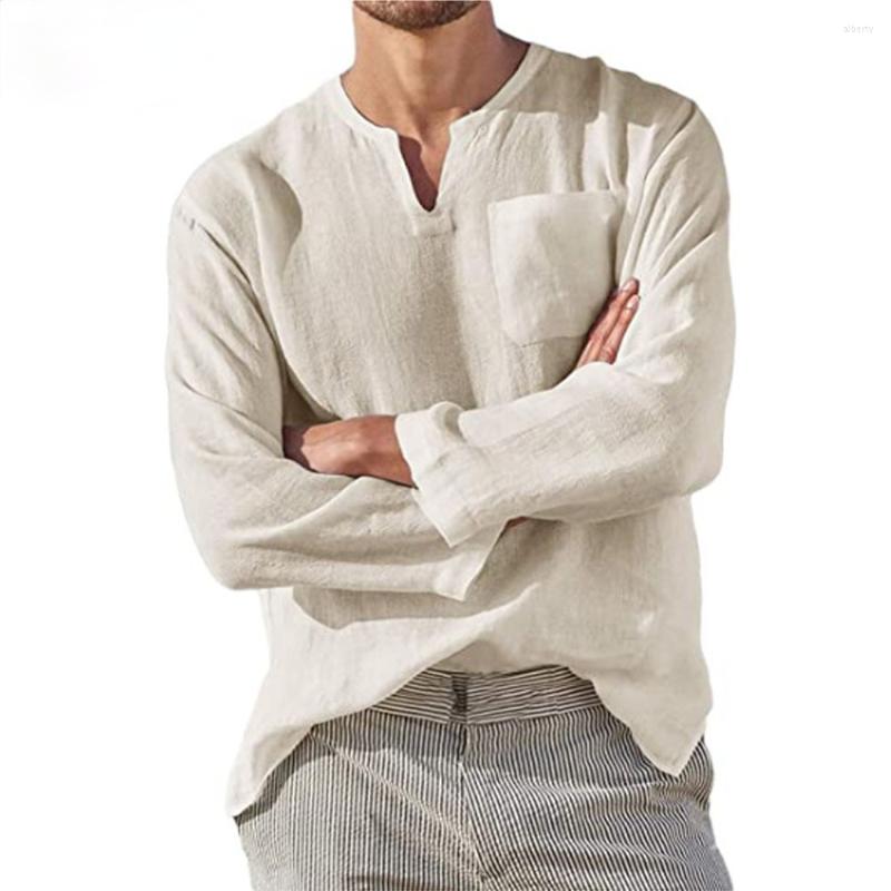 

Men's Casual Shirts Men Shirt Solid Long Sleeve White Gray Linen With Pocket Sexy Mens Clothing For Loose Pullovers Man Blouse, Black