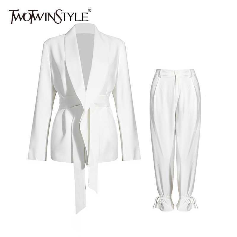 

Women's Two Piece Pants TWOTWINSTYLE Solid Color Korean Set Women Blazer High Waist Belt Lace-up Straight Suits Female Fashion 221207, White