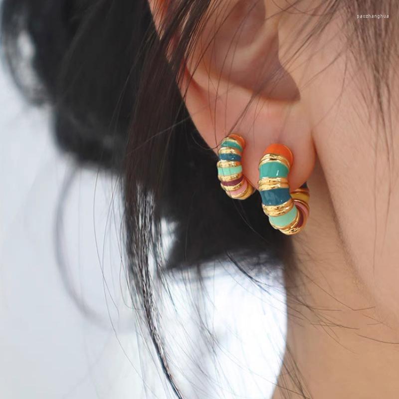 

Hoop Earrings Minar Personality Rainbow Conrast Color Enamel Chunky Earring For Women Gold Metal C Shape Circle Brincos