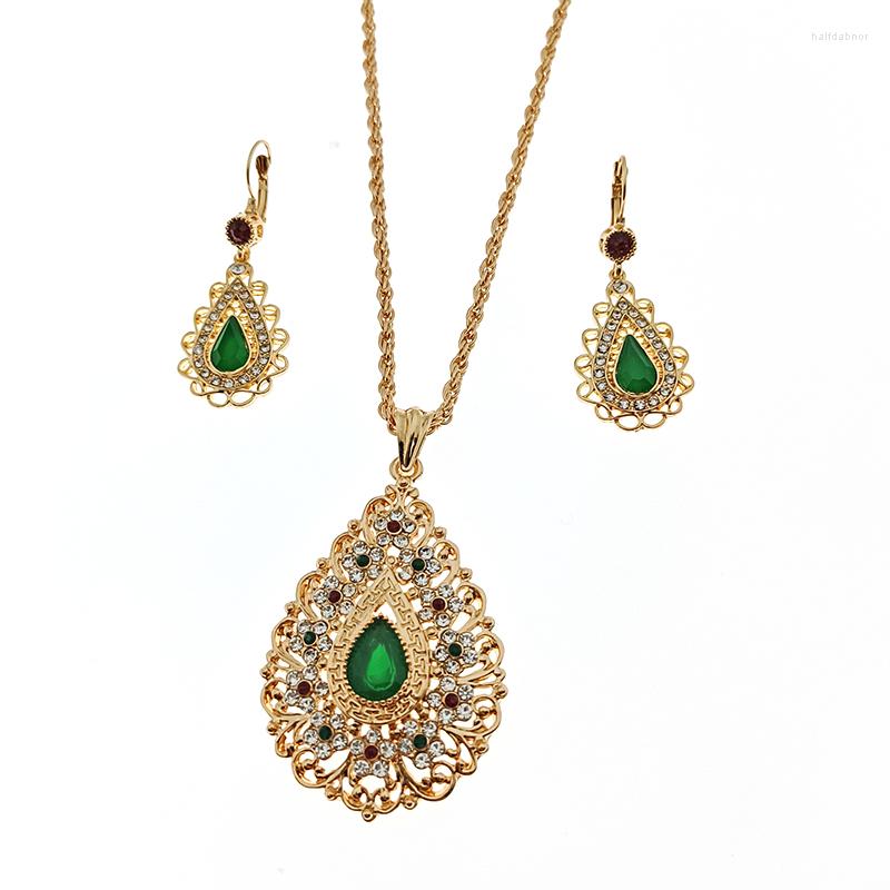 

Necklace Earrings Set Moroccan Wedding Jewelry Metal Pendant Red And Green Faux Gem Moon Bridal Wife Gift, Picture shown