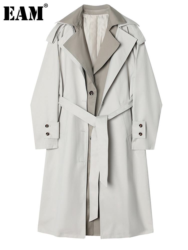 

Women' Trench Coats EAM Women Gray Color-block Big Size Lapel Long Sleeve Loose Fit Windbreaker Fashion Spring Autumn 1DE6476 221207, Beige