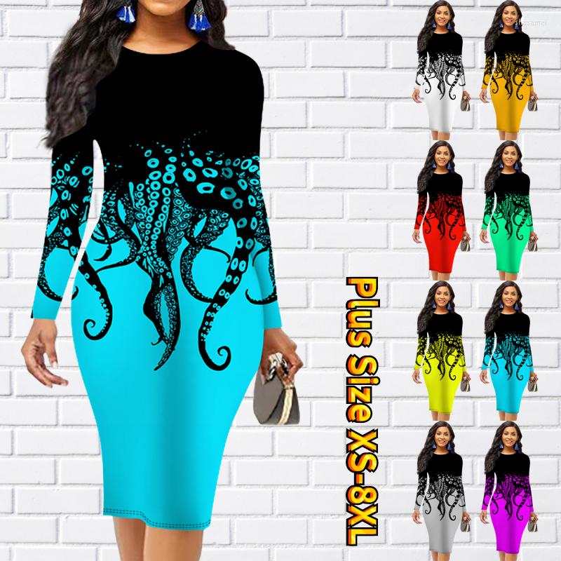

Casual Dresses 2022 Autumn Slim Skirt Fashion Dress Design Printing Long Sleeve Winter Round Neck Knee-length Women Midi, Blue