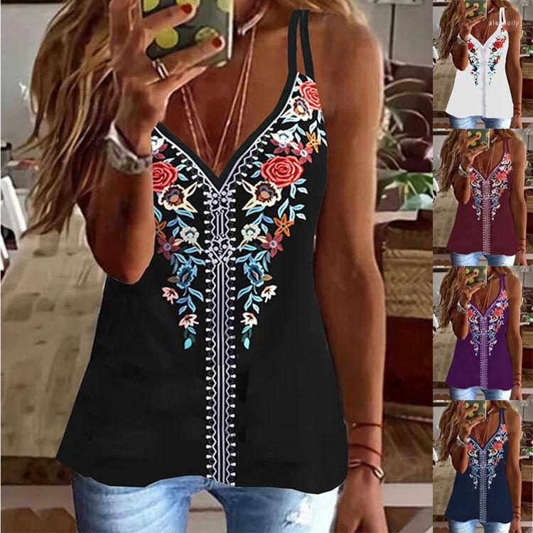 

Women' Tanks 2022 Summer Tank Tops Women Flower Print Sleeveless T-shirt Casual Loose V-neck Vest Harajuku Tee Shirts