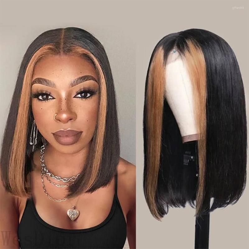 

Straight Short Bob 13x4 Lace Front Human Hair Wigs For Black Women Highlight Ombre Wig Pre Plucked Glueless Closure, Picture shown