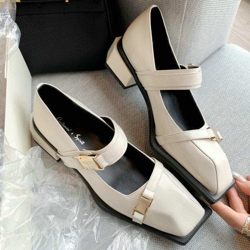 

Dress Shoes 2023 Spring Luxury Cow Leather Punk Gothic Girls Stylish Buckle Square Toe Low Chunky Heels French Office Mary Janes Pumps, Black