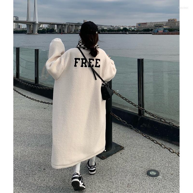 

Women's Down Women Beige Long Jacket Lambswool Fashion Letter Embroidery Thicken Warm Feather Female Puffer Winter Outwear Tops