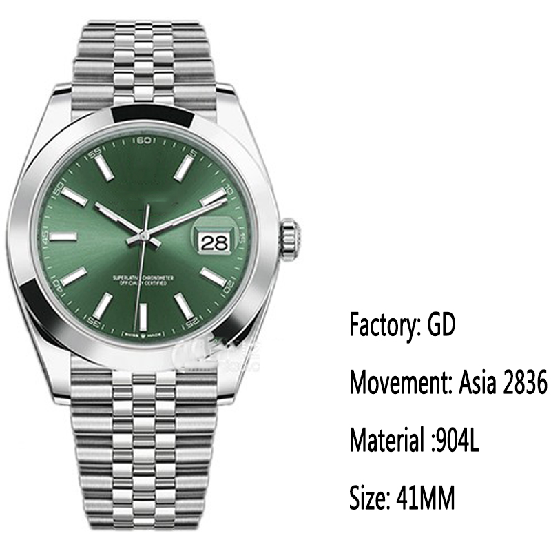 

GD factory Mens Sapphire watch luxury watches AAAA suit serial number green dial 41mm automatic Asia 2836 movement date mechanical 904L stainless just wristwatches, 0.8mm