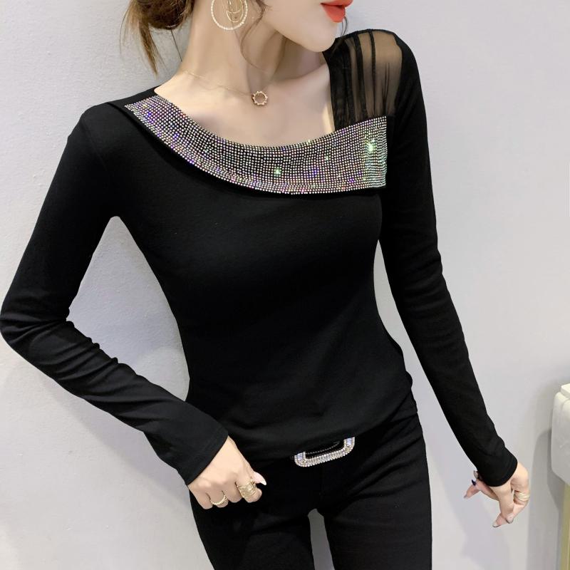 

Women's T Shirts Spring Fall European Clothes T-Shirt Fashion Sexy Skew Collar Patchwork Mesh Shiny Diamonds Women Cotton Tops 2022 Tees, Black