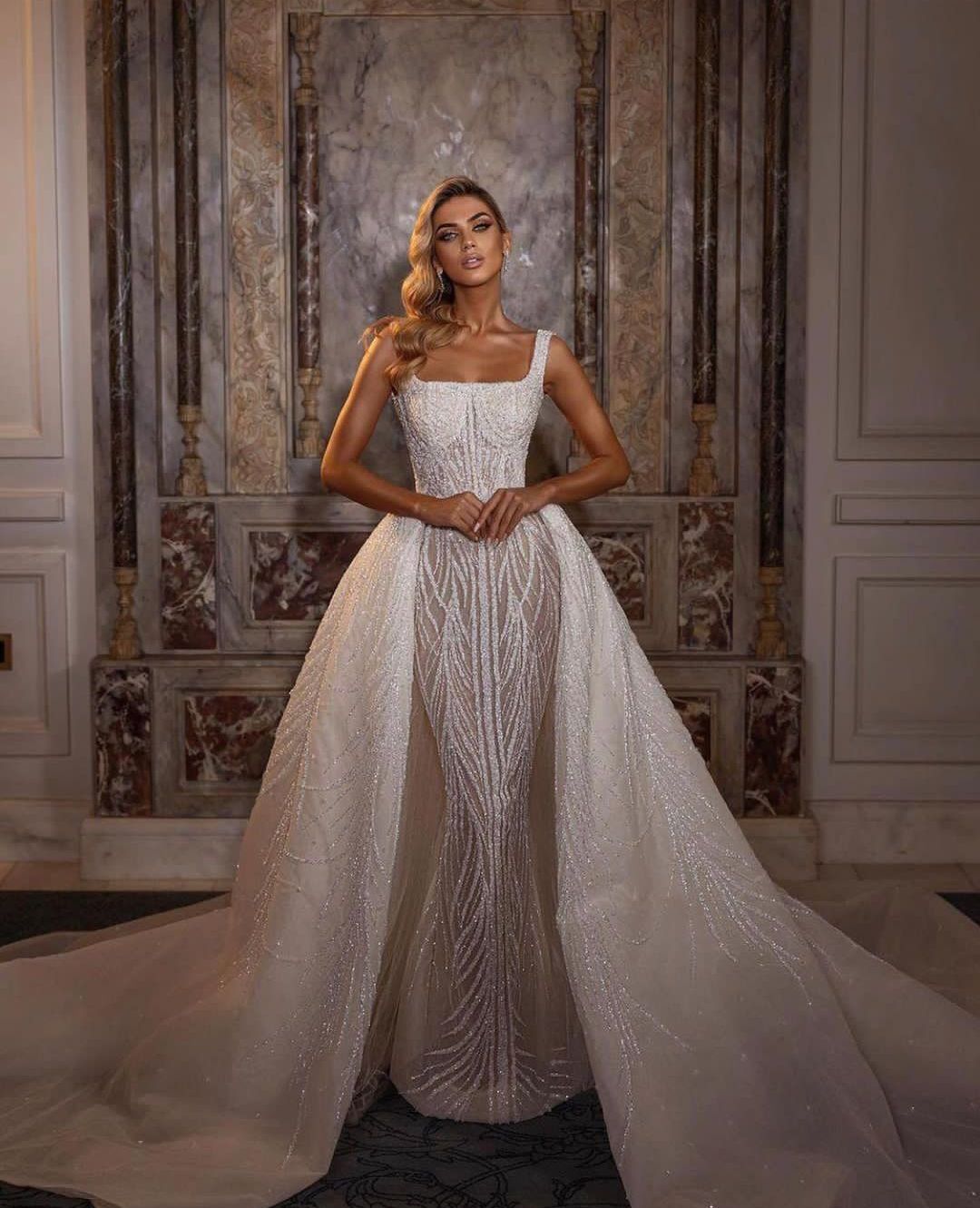 

Luxury Ball Gown Wedding Dresses Appliques Bateau Straps Sleeveless Sparkling Sequins Ruffles Detachable Train Floor Length Sparkling Bridal Gowns Plus Size, Sage