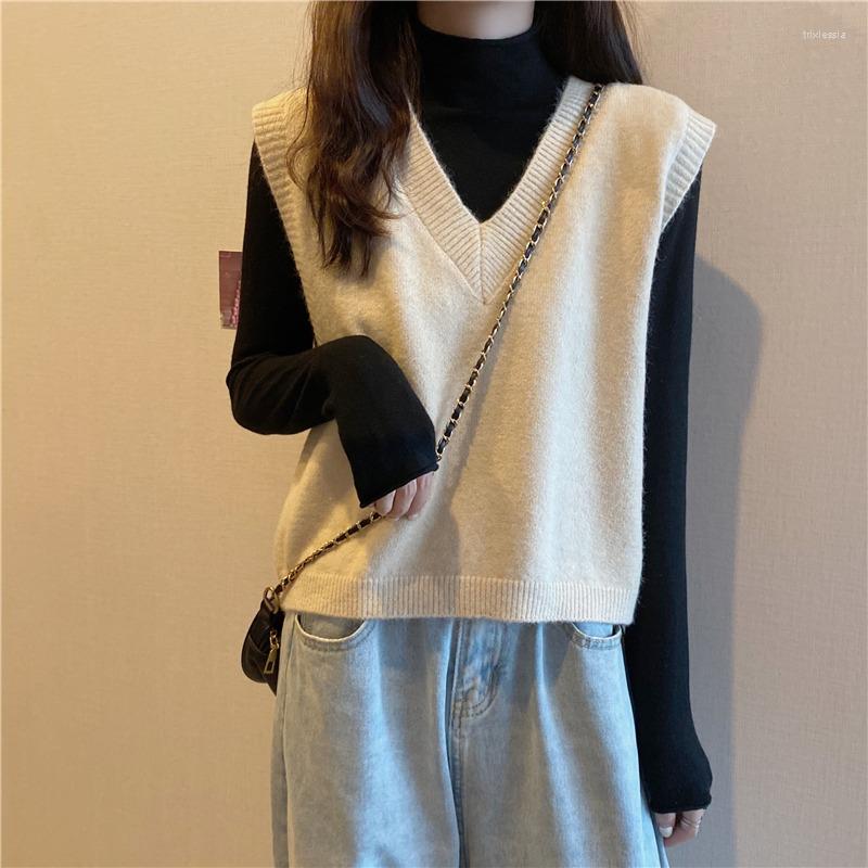 

Women's Vests Japanese Languid Waistcoat Female Pullover Spring Autumn College V Neck Knitted Solid Jacket, Apricot vest
