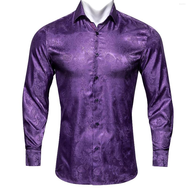 Men&#039;s Dress Shirts Barry.Wang 4XL Luxury Purple Paisley Silk Men Long Sleeve Casual Flower For Designer Fit Shirt BY-0074-image-827278105