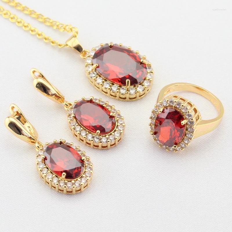 

Necklace Earrings Set WPAITKYS Oval Red Cubic Zircon Gold Color For Women Drop Pendant Rings Free Gift Box, Picture shown