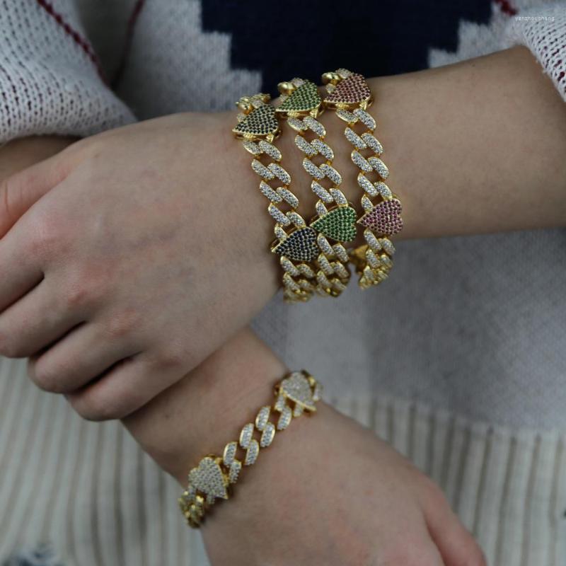 

Link Bracelets Hip Hop Women Colorful Heart Charm Bracelet Iced Out 10mm Cuban Chain With Bling Rainbow Cz Paved Miami Jewelry Wholeslae