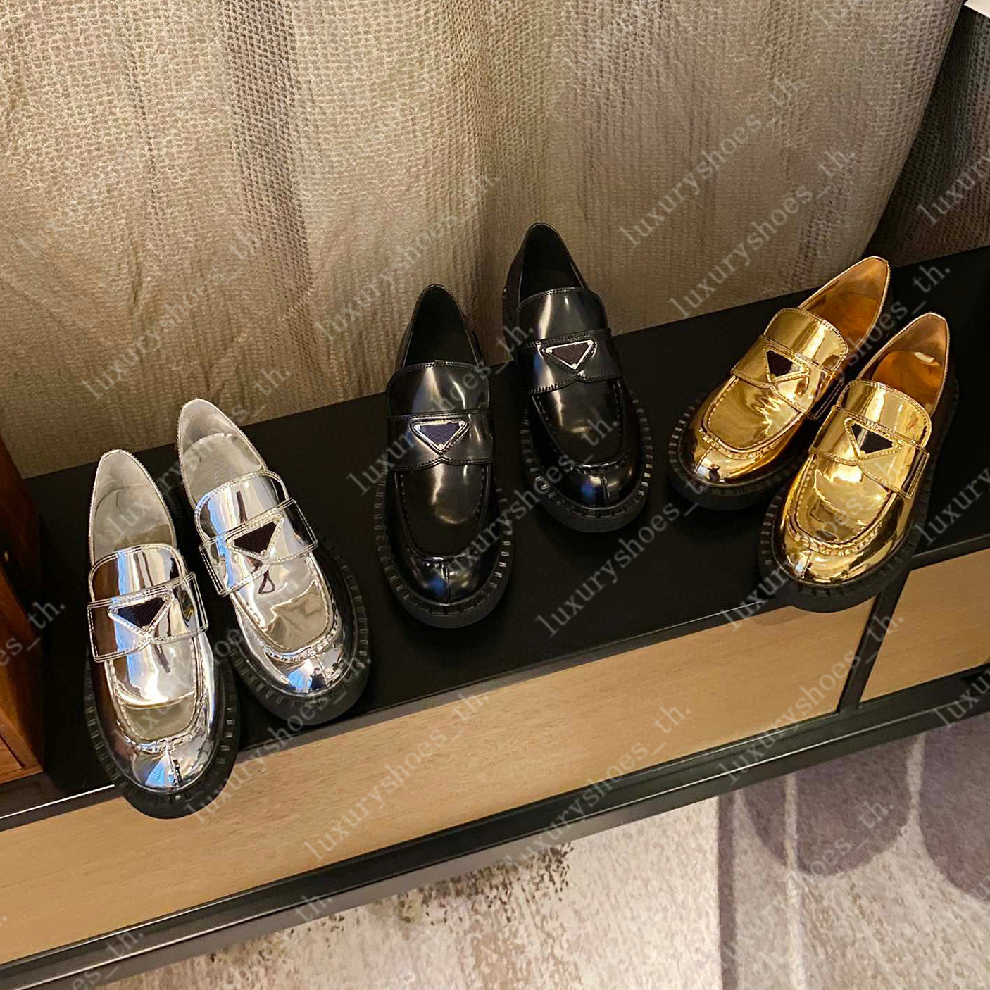 

Designer Shoes Metallic Leather Loafers Crystal Embellished Satin Loafer Monolith Triangle Logo Black Shoes Platform Sneakers Gold Sliver Trainer, 10