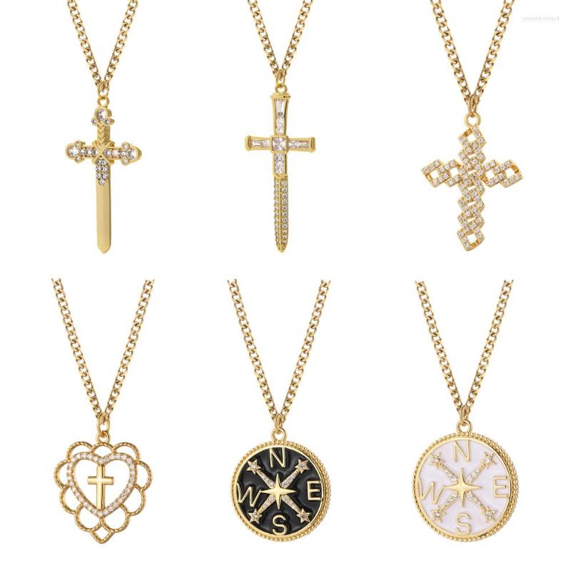 

Pendant Necklaces Classic Cross Necklace Gold Color Figaro Chain For Women Men Religious Jewelry Inlaid Zircon Birthday Gift