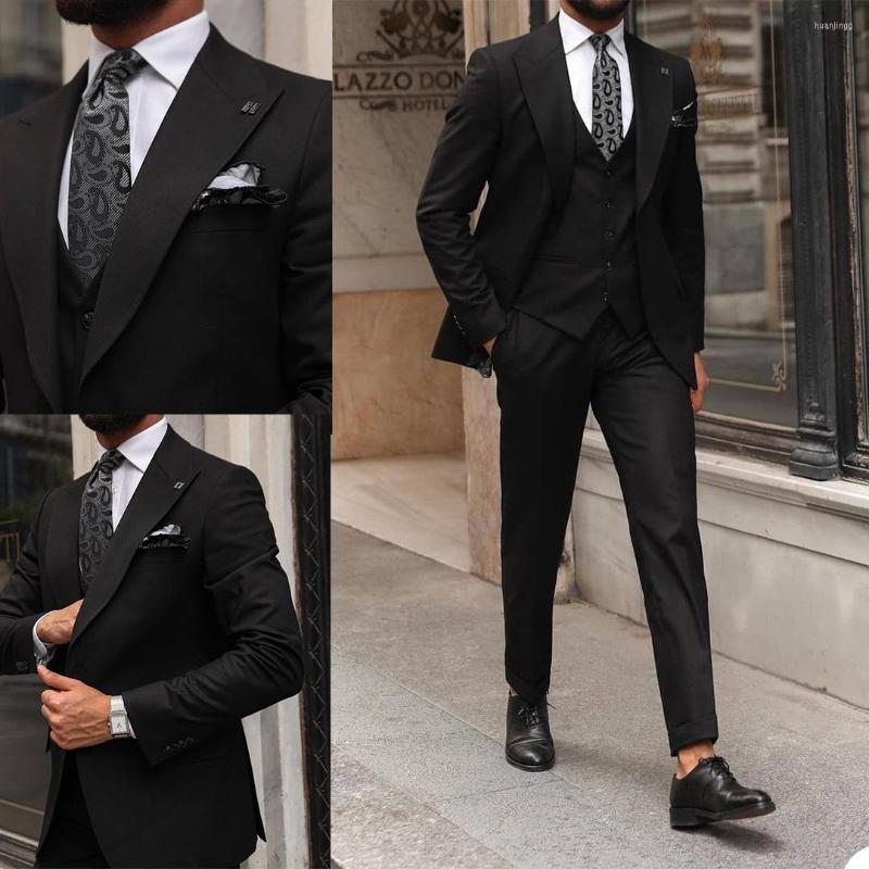

Men's Suits Casual Men Tuxedos Custom Made Single Breasted Peaked Lapel Streetwear Blazer 3 Pieces Set Daily Slim Fit Jacket, Black