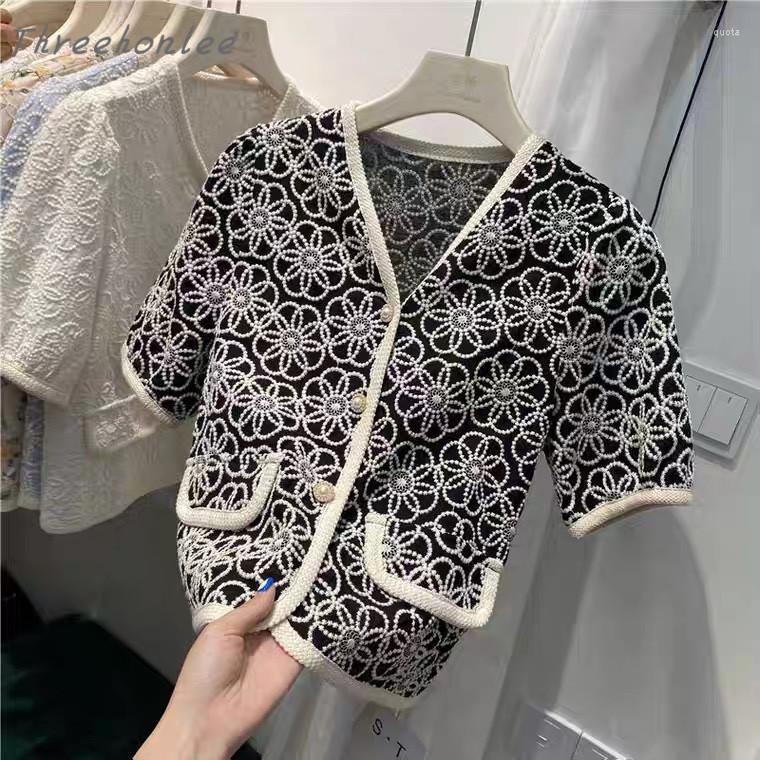 

Women's Blouses Summer 2022 Chic Women Short Tops Flower Embroidery Thin V-neck Sleeve Single-breasted Vintage Female Blouse Shirt, Beige