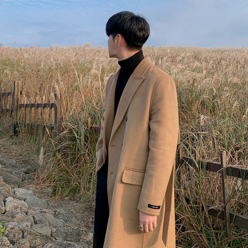 

Men's Wool Blends Korean Trend Woolen Coat Doublebreasted Lapel Long Sleeve Autumn Winter Thickned Belted Overcoat 2D1788 221207, Black