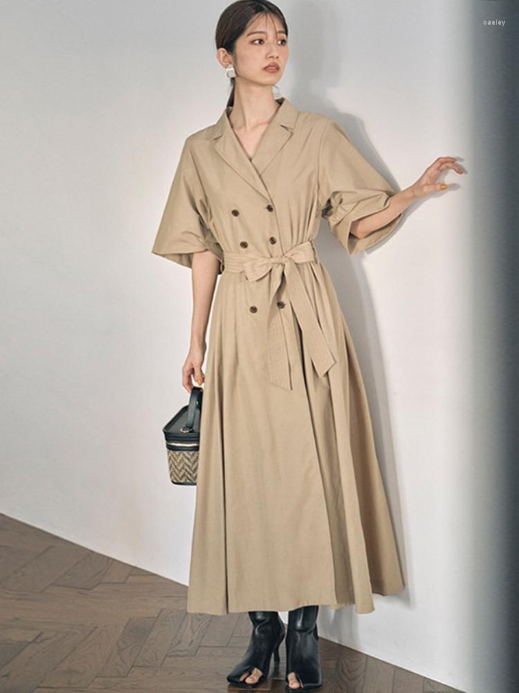 

Women's Trench Coats 2022SS Solid Suit Coat Lapel Tie Waist Double-breasted Dress Black High Quality Women Fashion Streetwear, Beige