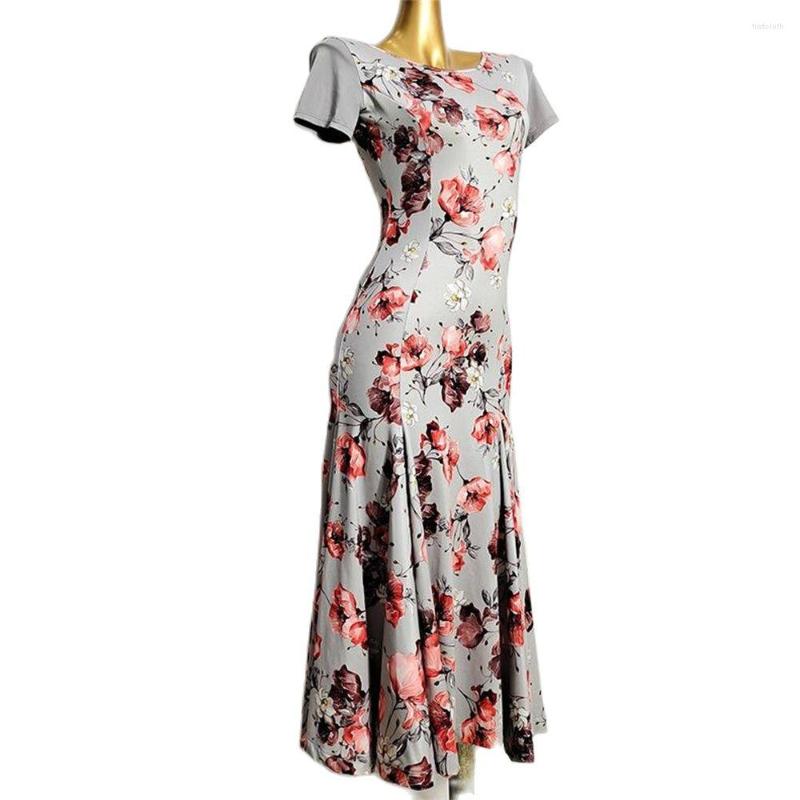 

Stage Wear Ballroom Dress Standard Dance Dresses Women Printed Big Swing Summer Backless Long Modern, Gray