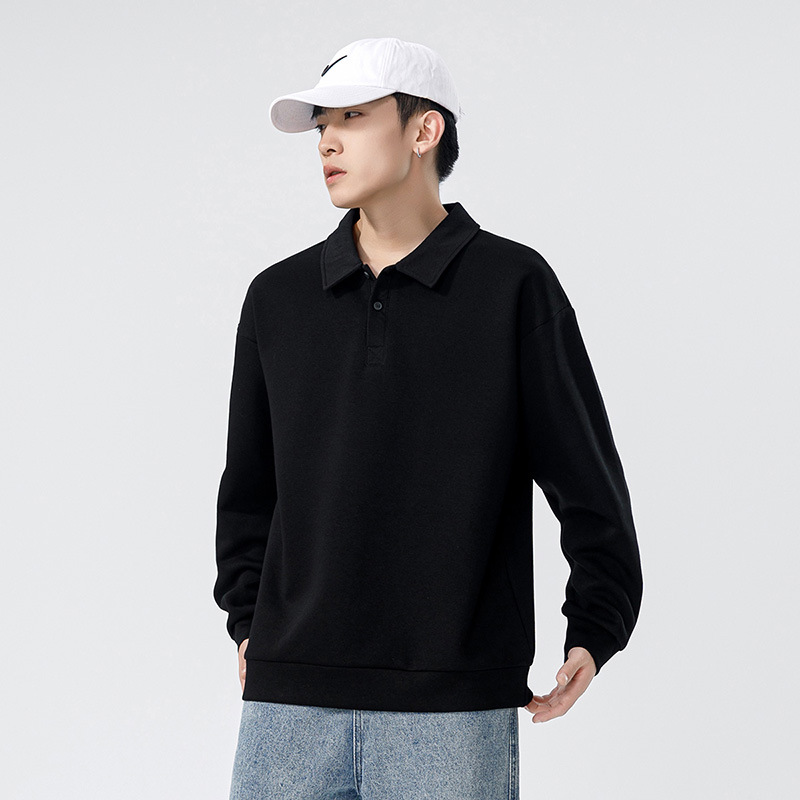 

Fashion Casual Polo Shirt White Loose Solid Color Man Sweatshirts Long Sleeve Youth All-match Male Top, Black