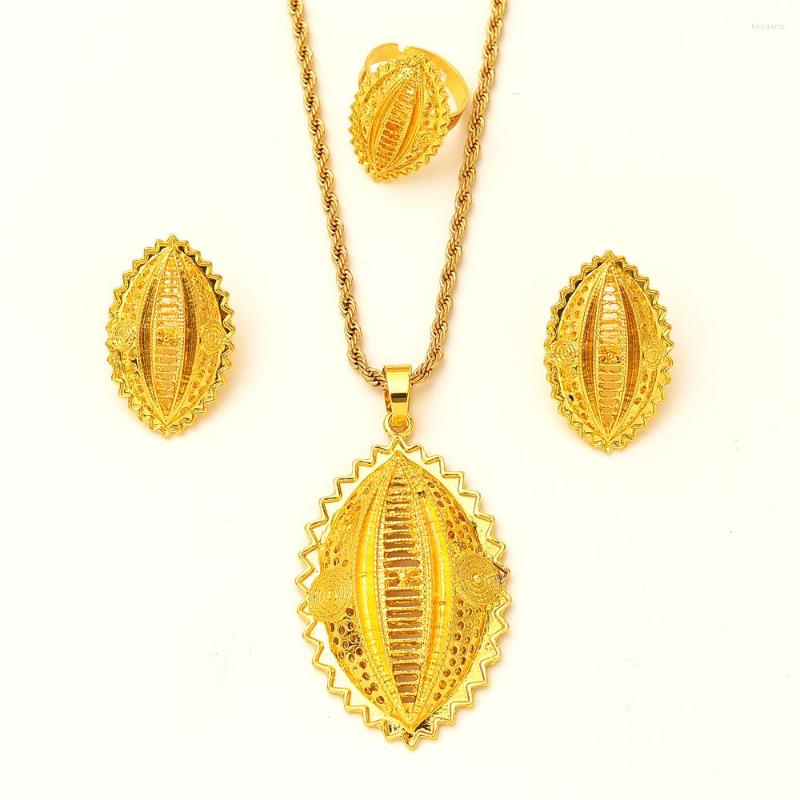 

Necklace Earrings Set Ethiopian Gold Color Pendant Necklaces Ring Habesha Eritrean Wedding, Picture shown