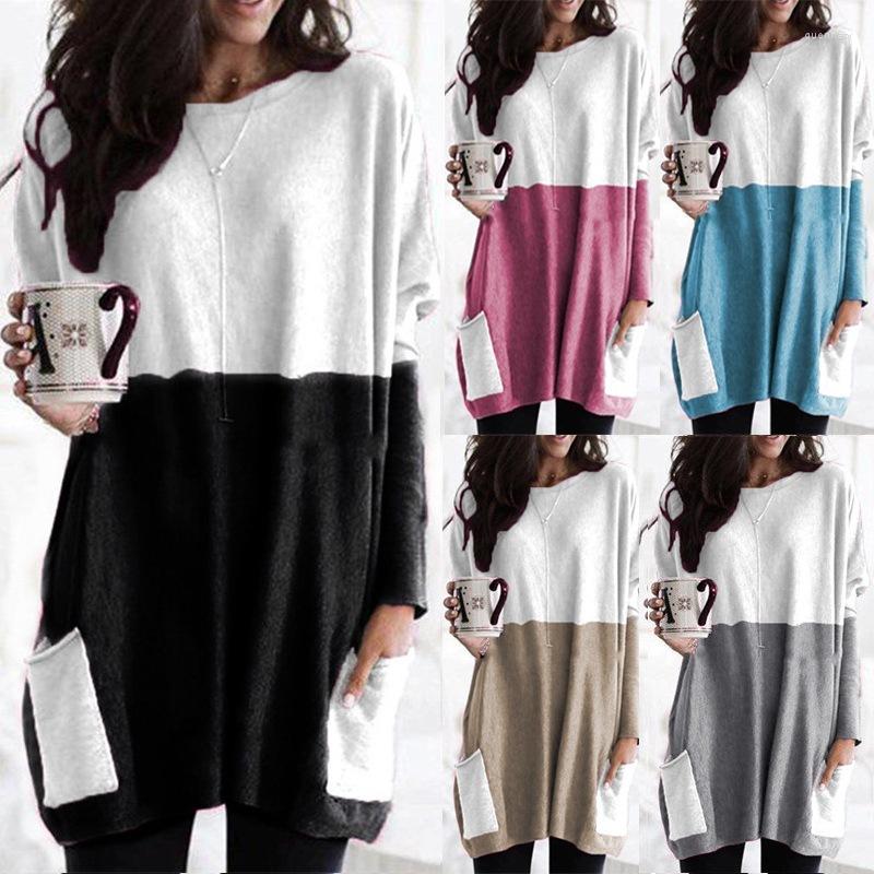 

Women' T Shirts 2022ebay Amazon Wish Europe And America Round Neck Long Sleeve Splicing Casual Pocket T-shirt Blouse Women' Dress, Black