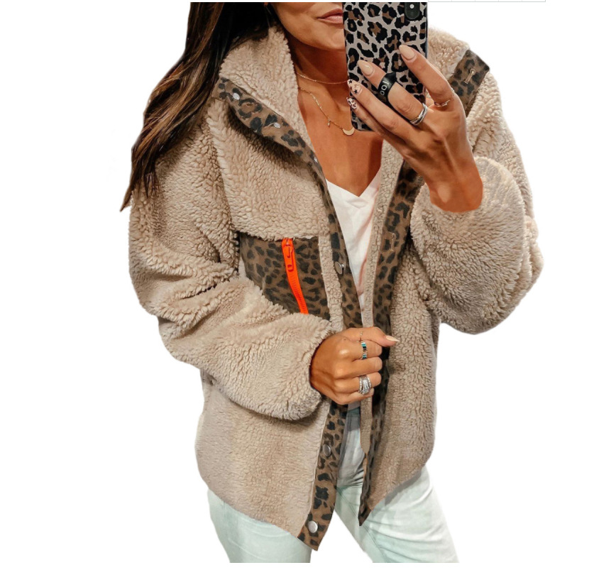

2023 Autumn Winter Women's Zipper Jackets Leopard Pocket Fashion Slim Short Woman's Outerwear Coats 1431, Khaki