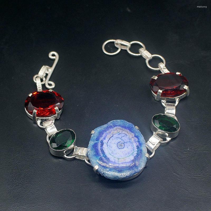 

Link Bracelets Hermosa Jewelry Natural Solar Quartz GreenTopaz Red Garnet Silver Color Charms Chain Links For Women 7.75 Inch FQ92