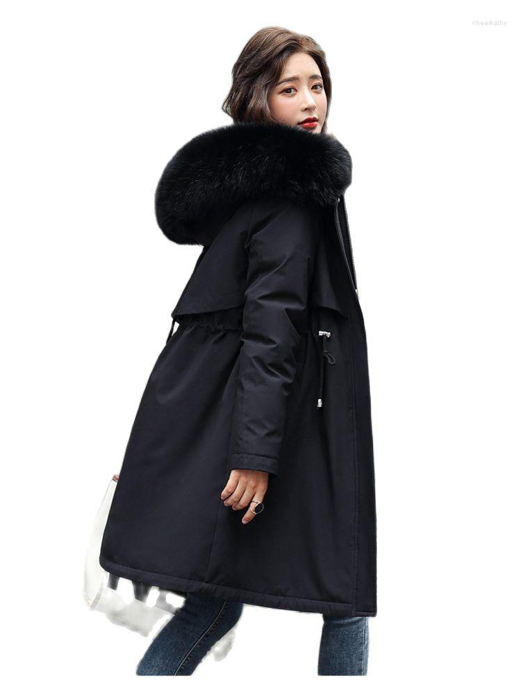 

Women's Trench Coats Fur Coat 2022 Winter Women's Cotton-padded Jacket Mid-length Large Hooded Down Thick Warm Parkas Female Outerwear, Black