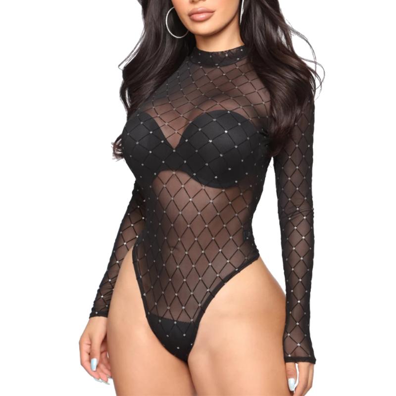 

Women' Jumpsuits & Rompers Summer Women Sexy Bodysuits Tops Long Sleeve See Through Plaid Body Suits One Piece Club Wear, Black