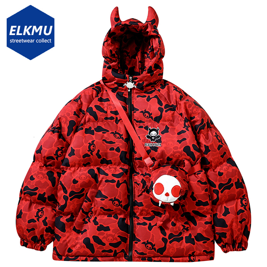 

Men's Down Parkas Winter Hooded Jackets with Bag Streetwear Camouflage Devil Horn Thick Warm Bubble Padded Coats Harajuku Puffer 221207, Style 1 black